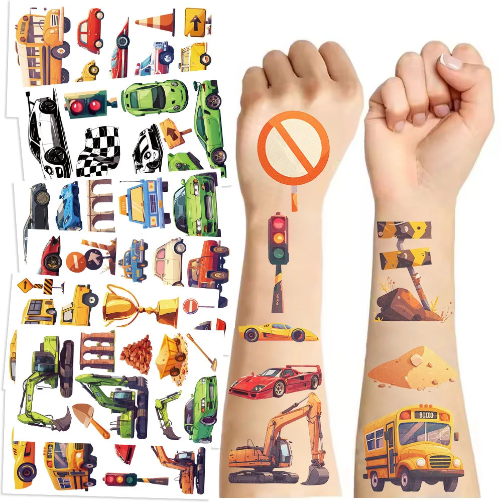 Impermeável Cartoon Car Tatuagem Temporária Adesivos, Ônibus escolar bonito, Escavadeira, Crianças Engraçado Presente de Aniversário, Novo, 10Pcs