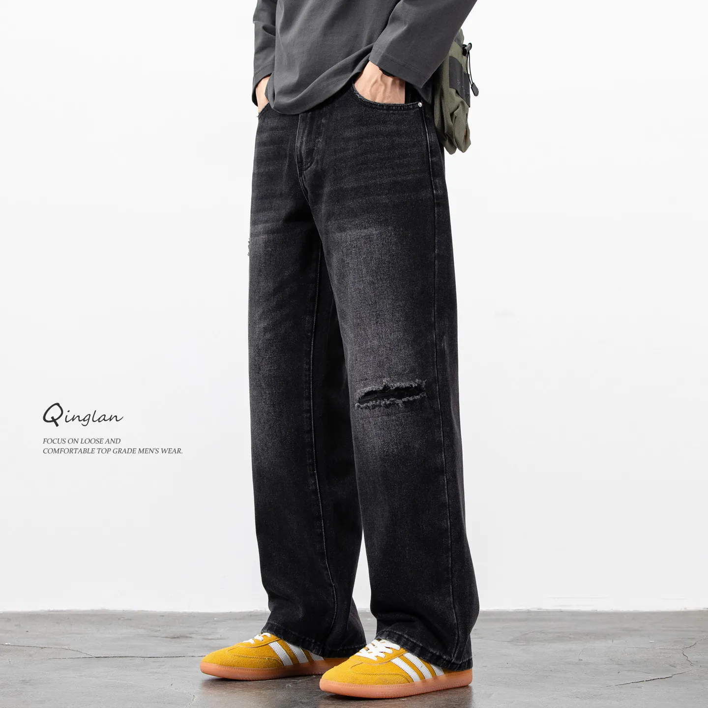 

Loose Fit Men's Casual Black Jeans Straight Leg American Style Spring Autumn New Fashion High Quality Durable Cotton Denim