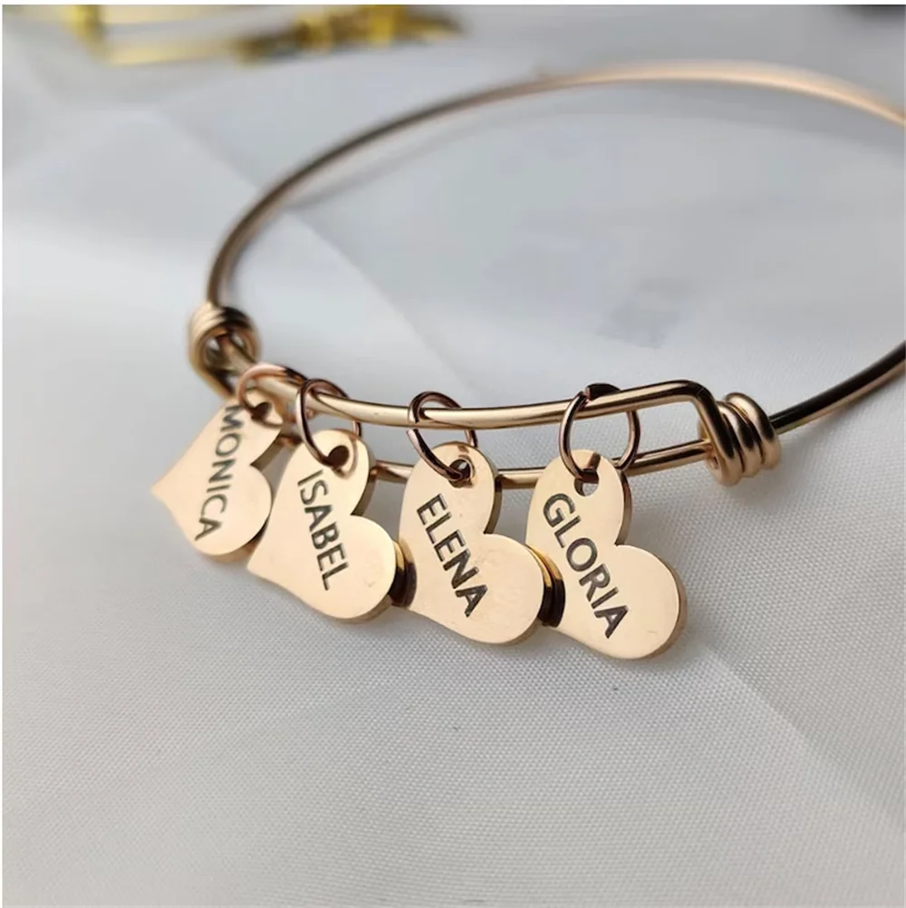 

Personalized Charm Bracelet Custom Name Cuff Bangles With Hearts Engraved 1-4 Names Bracelets Women Girl Jewelry Gift