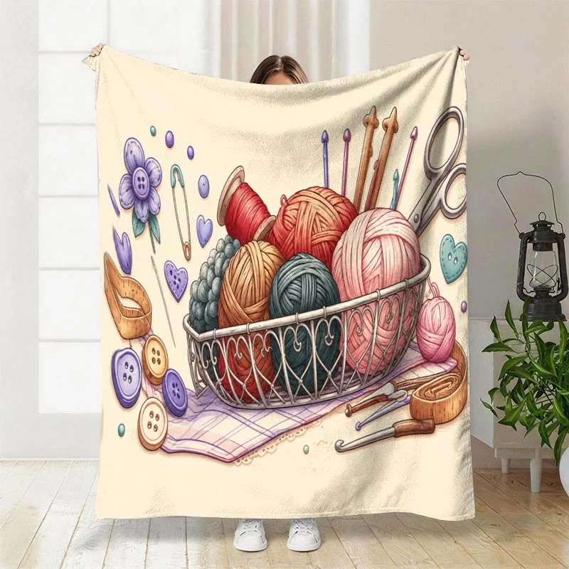 Whimsical Knitting Yarn Throw Blanket Gift for Crafters Crochet Fiber Art Needlework Basket Home Decor Boho Cozy Throw