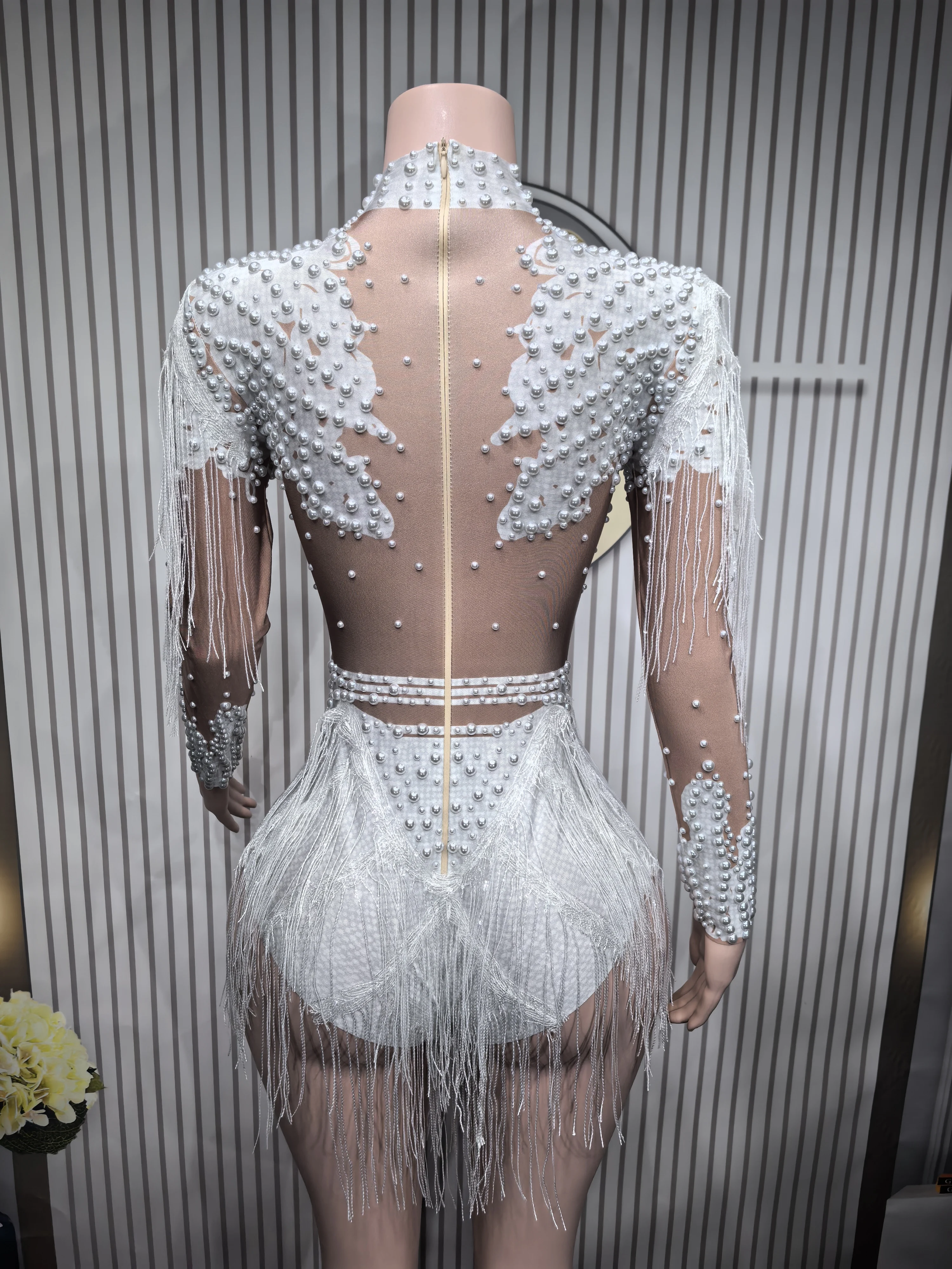 Sexy Elastic Rhinestone Tassel Party Bodysuit OutfiSet Women Nightclub Prom Crystal Fringe LeotardDance Stage Wear Nainiang Q025