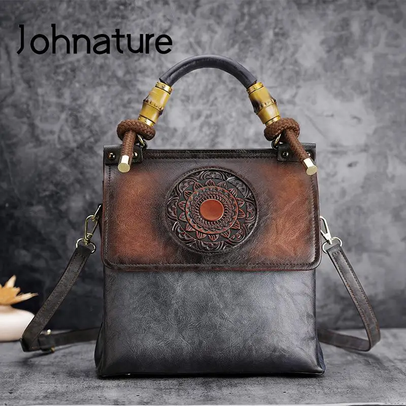 Johnature Vintage Women Bag 2024 New Classic Totem Embossing Luxury Handbag Versatile High Quality Leather Ladies Shoulder Bags