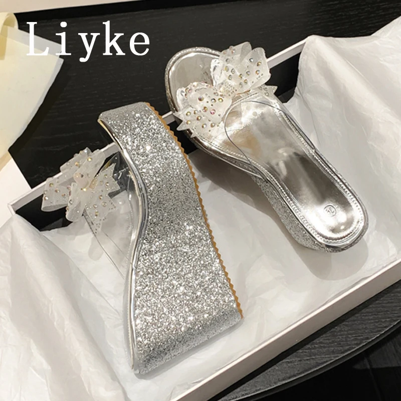 Liyke PVC Transparent For Women Golden Silver Sequined Platform Slippers Crystal Bowknot Ladies Sandals Wedge High Heels Slides