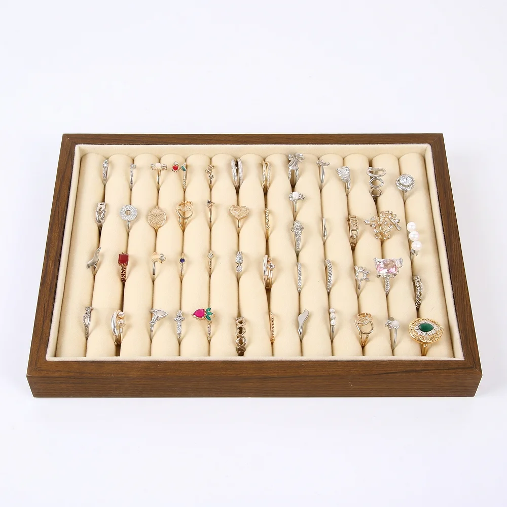 Wooden Ring Display Tray, Velvet Lined Jewelry Organizer Holder for Rings Earrings, Stackable Showcase Tray for Retail