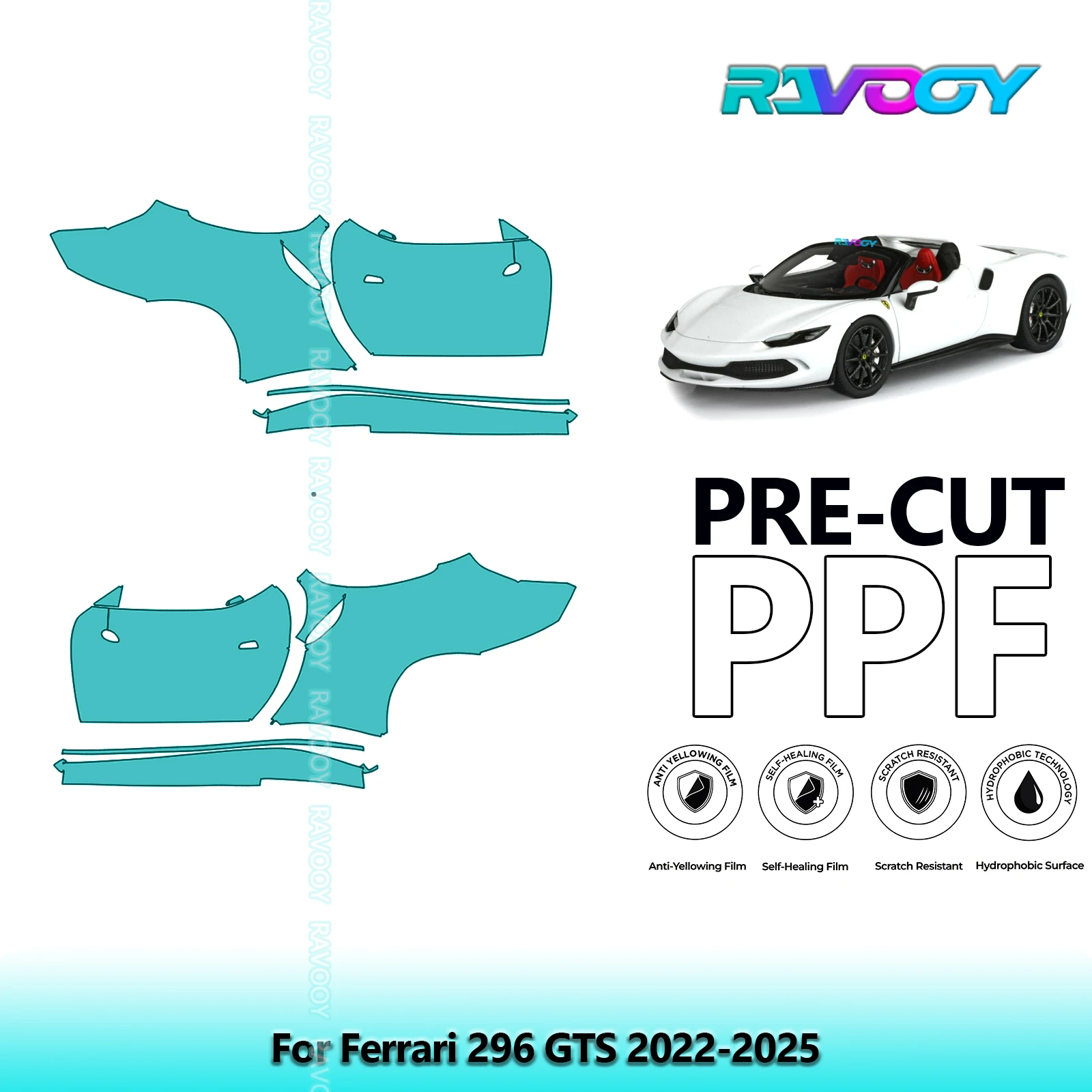 

For Ferrari 296 GTS 2022-2025 8.5mil Clear Matte Pre-Cut PPF Door & A/B Pillar Kit TPU Paint Protection Film Set