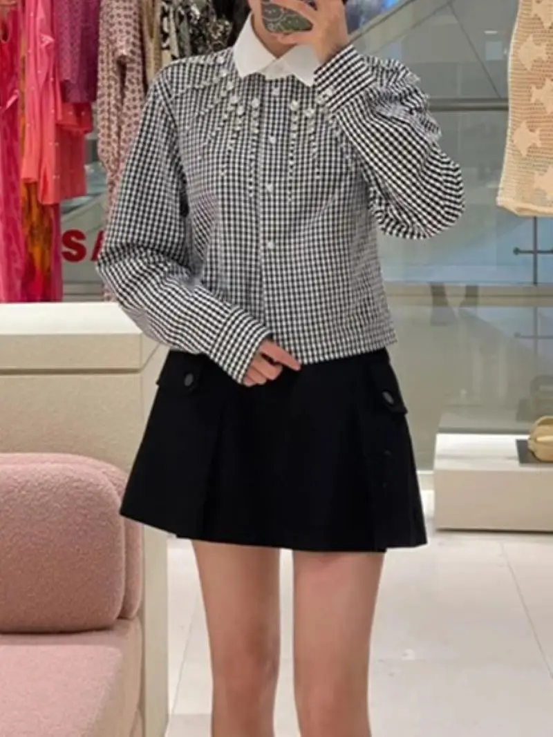 Women Rhinestone Decorative Plaid Turn-down Collar Long Sleeve Single Breasted Blouse or High Waist A-Line Mini Skirt