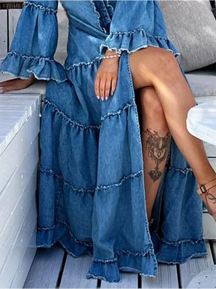 Plus Size Denim Dress Women Autumn Dress Female Casual Ruffle Split Tiered Maxi Dress Solid Color Flare Sleeve Vestidos Femmes