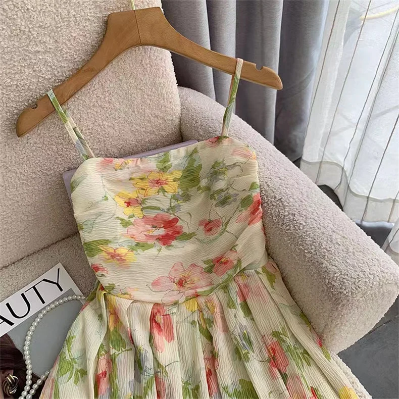 Japanese Fashion sweeet Pleated floral print Asymmetry dress girl Boho beach Fairy Dress beige printed long maxi dress Vestidos