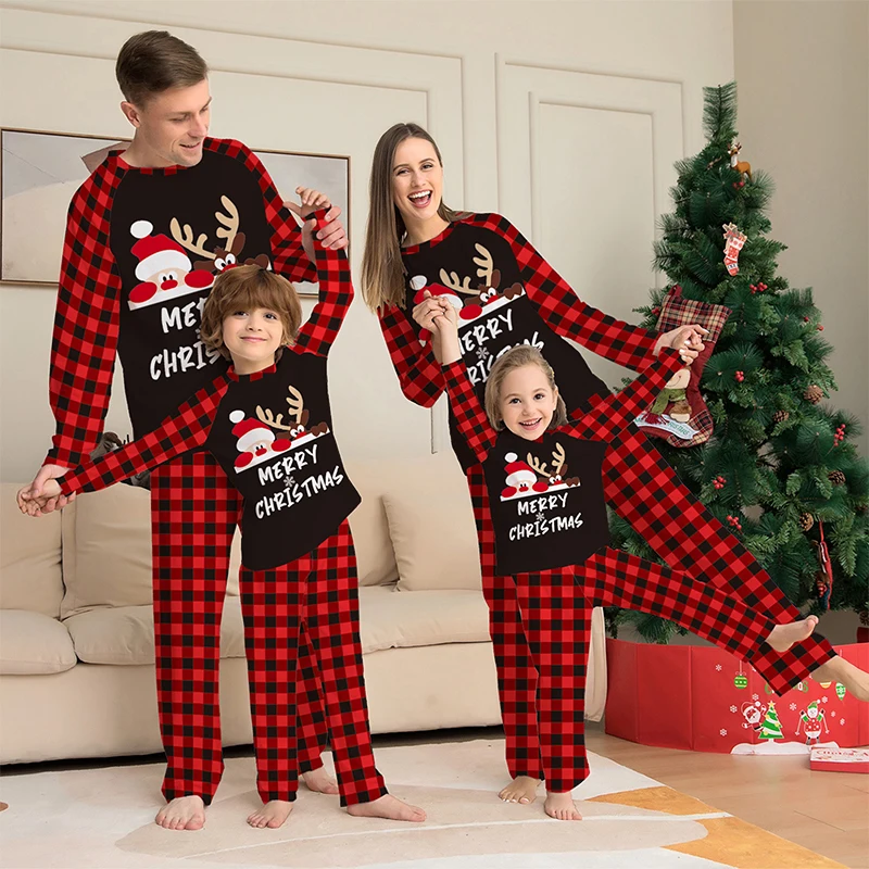 

Matching Family Christmas Pajamas Set Baby Romper Dog Outfit Letter Deer Print Long Sleeve Tops and Plaid Pants Sleepwear Set