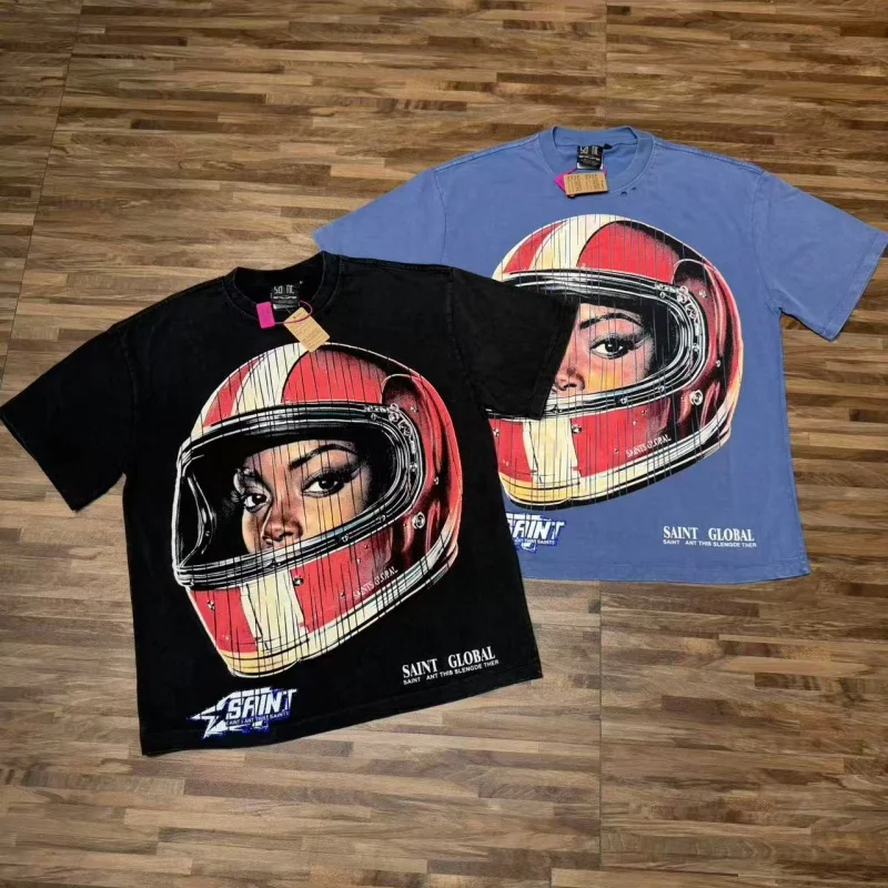 European Retro SAINT Washed Vintage Racing Helmet Print Short Sleeve T-shirt SAINT Loose Streetwear Crew Neck Top for Men Women