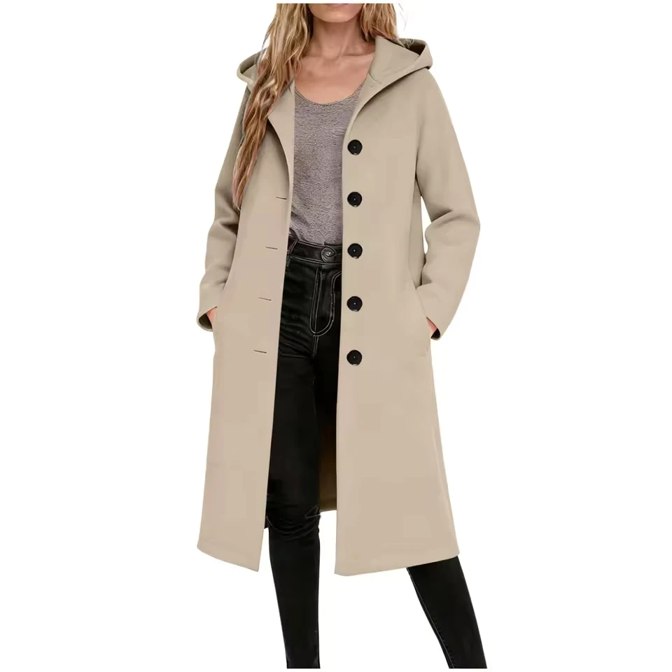 Women Winter Casual Hooded Woolen Coat Button Leisure Fashion Midlength Coat Winter Trench Coat For Women Mid Length Coat