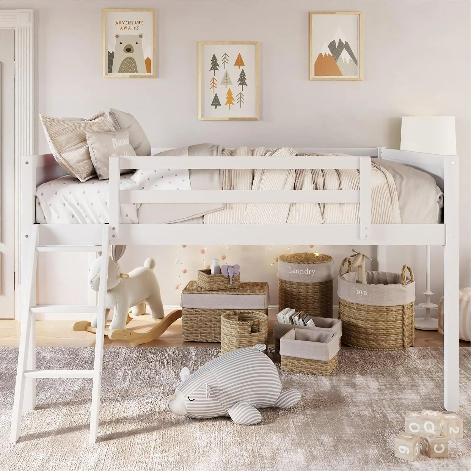 Low Loft Bed: Wooden loftBed with Ladder, Low Loft with Full Guardrail,Ladder can be Placed on The Left or Right,, Customized