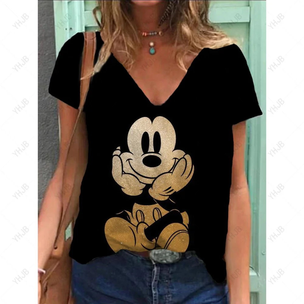 Oversized Summer Mickey Mouse Print T Shirt Women Short Sleeve 3D Disney Minnie Shirt Fashion Casual V-Neck Ladies Loose Top