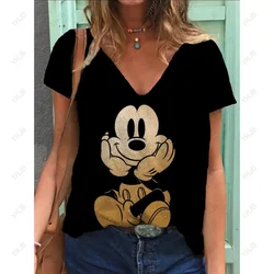 ディズニー-女性用ミッキーマウスプリントTシャツ,ルーズトップ,特大,半袖,3D,カジュアル,Vネック,ファッション,夏