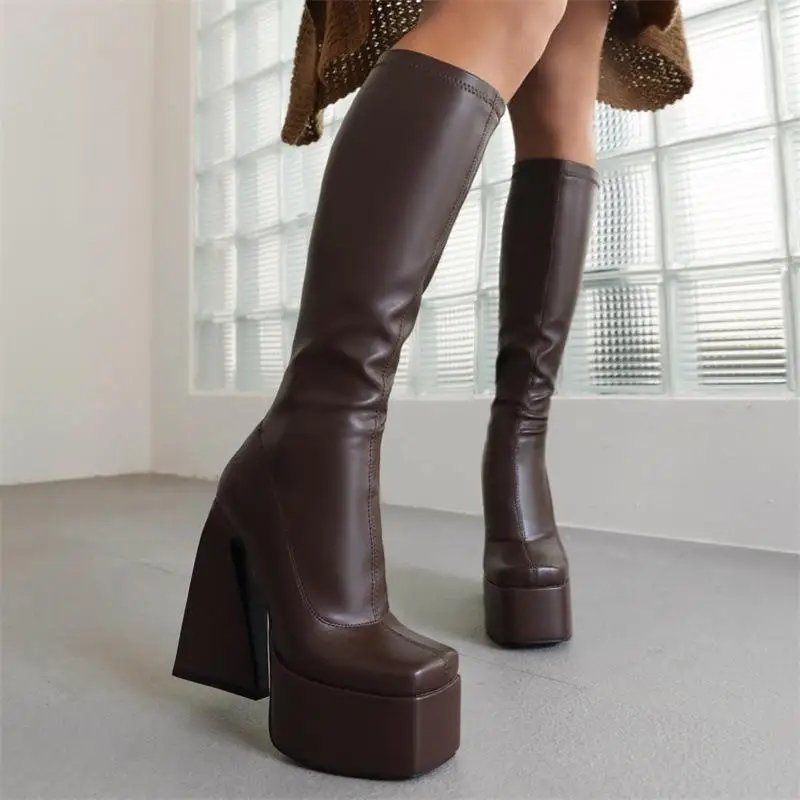 

Women's boots 2025 European and American style thick soled high-heeled irregular heel square toe fashionable elastic boots