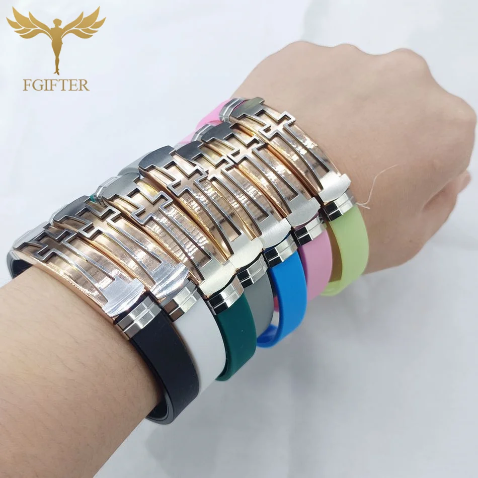 Christian Catholic Cross Women Men Bracelets Colorful Silicone Adjustable Watchband Stainless Steel Religious Jewelry Accessory