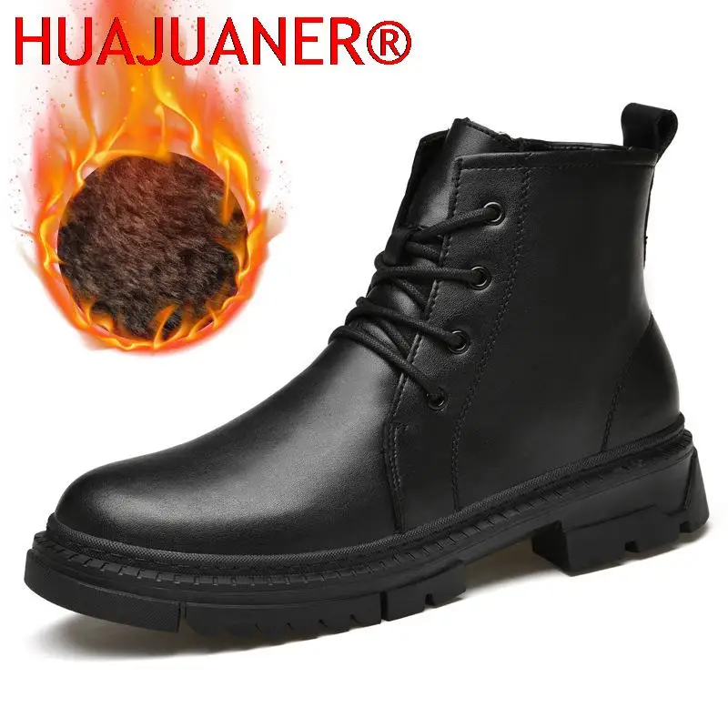 Fashion Black Mens Boots Casual Antiskid Male Motorcycle Boots Genuine Leather Ankle Boots for Man Warm Winter Comfy Men Shoes