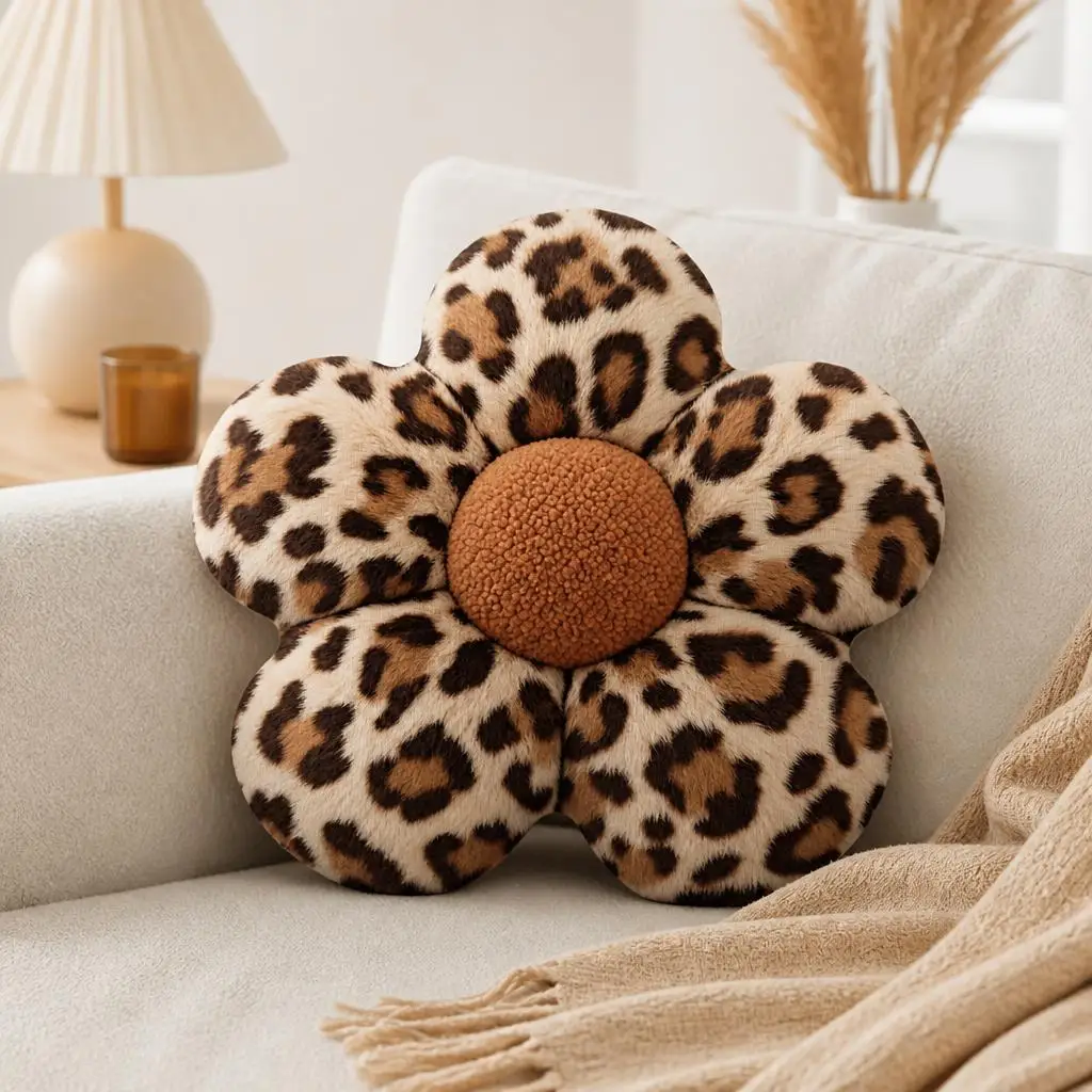 Leopard Pattern Flower Shaped Pillow Stuffed Throw Cushion with Brown Center Decorative Accent for Sofa Living Room Gift