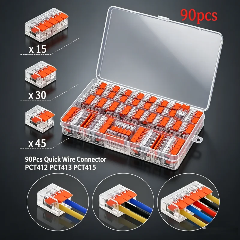90Pcs Quick Wire Connector PCT412 PCT413 PCT415 Transparent Terminal Block Push In Electric Cable Splice Wiring Connection Assor