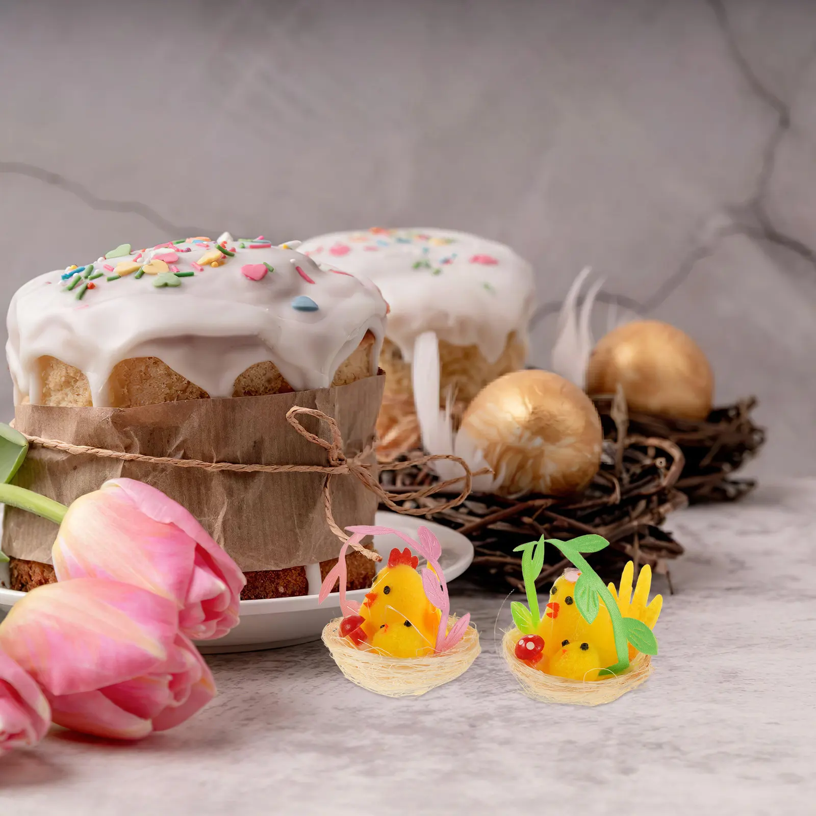 

12 шт. пасхальных украшений в виде цыплят, миниатюрные желтые искусственные гнезда, маленькие цыплята, декор для пасхального стола, наполнители для корзин, DIY