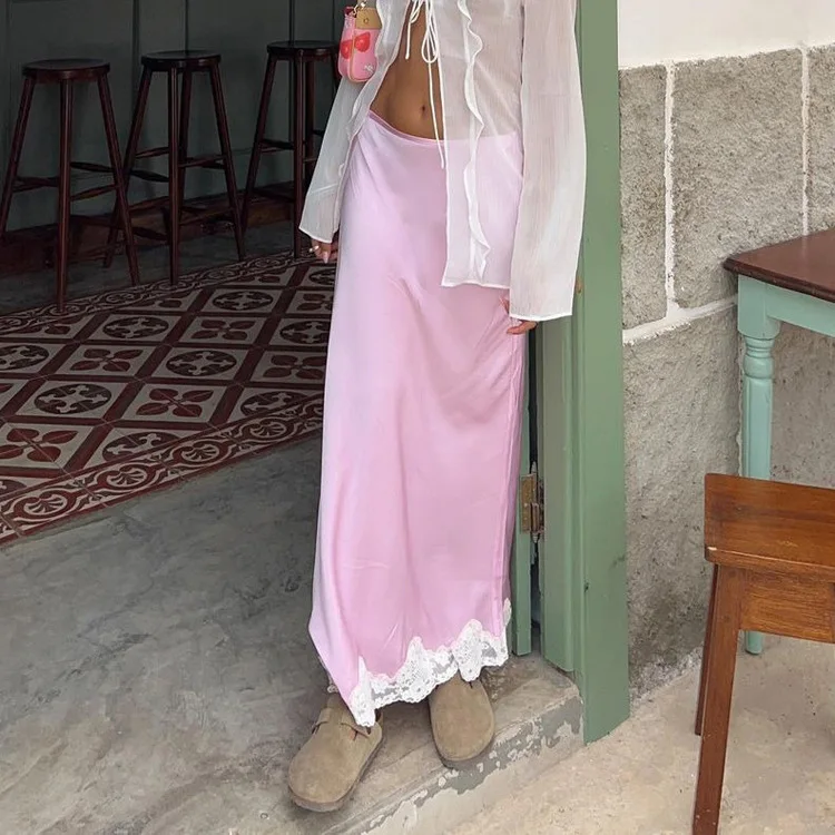 

Women's Patchwork Straight Skirt Autumn Fashionable Casual Versatile Lace Satin Half Dress Solid Color Lace Pencil Petticoat