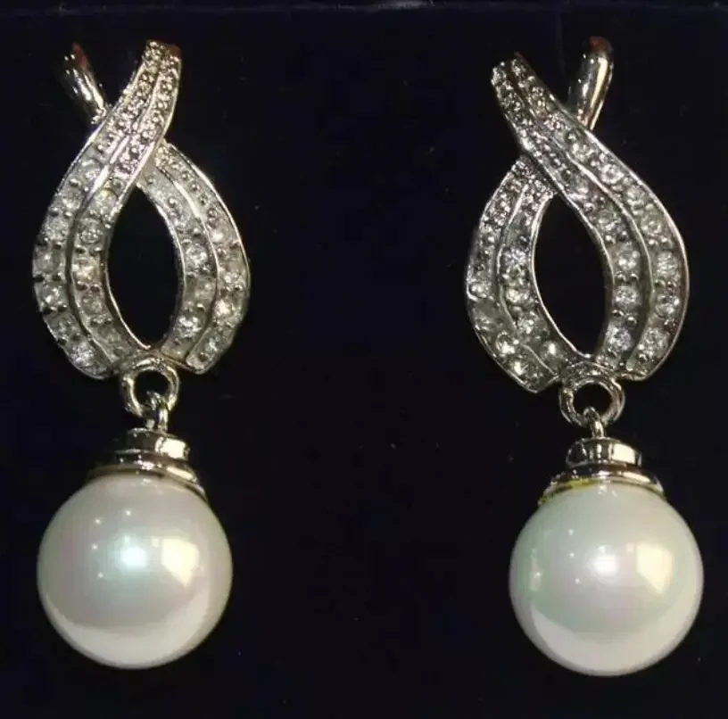 

Fashion style Rhinestone Silver Plated 12mm white Shell Pearl Malay Jade Earrings