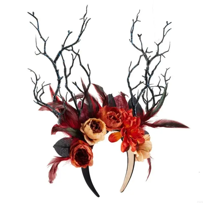 P88B Girl Gothic Flower Branch Feathered Hair Hoop Party Costume Witch Flower