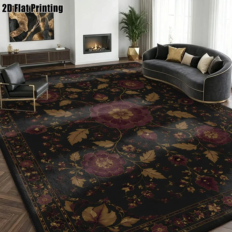Large Indoor Area Rug, Soft Velvet Low Pile Machine Washable, Dark Burgundy Gold Floral Ornate Pattern, Great for Living Room, Bedroom, Entryway, Vintage Style Home Floor Decor