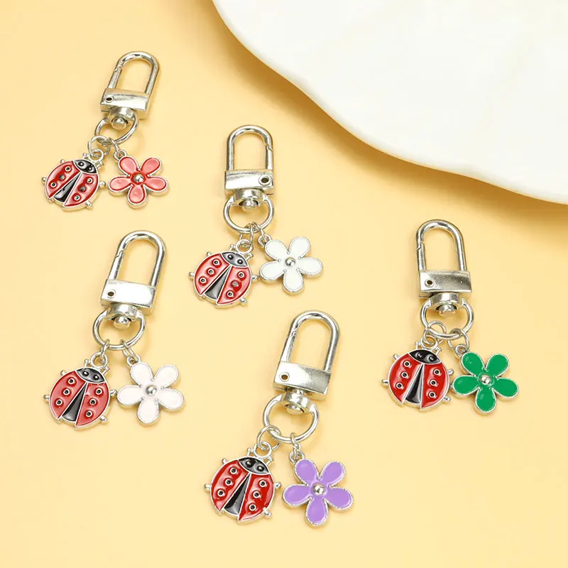 Cute Red Ladybug Flower Enamel Keychain Insect Pendant Alloy Keyring Earphone Case Protective Cover Bag Charm Key Holder Jewelry