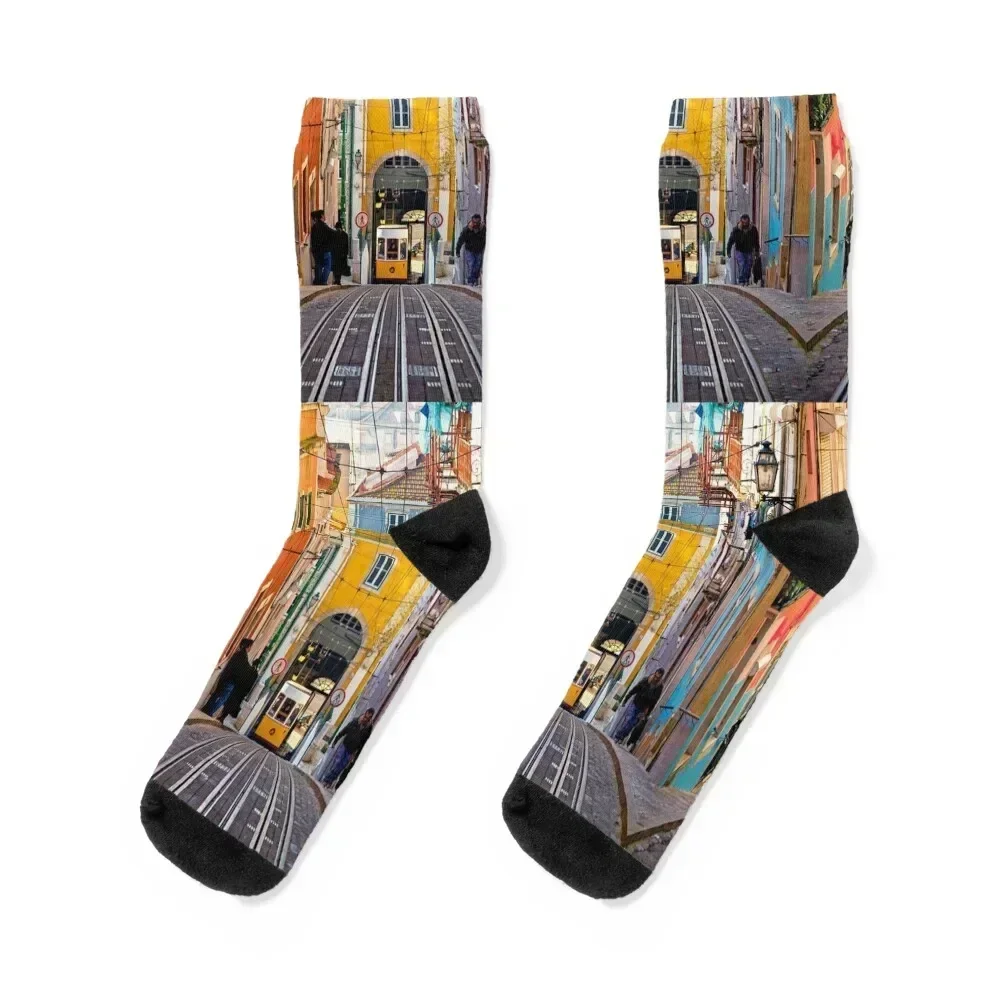 

Lisbon Portugal Tram train on the city streets Socks new year happy Antiskid soccer Novelties Socks Ladies Men's