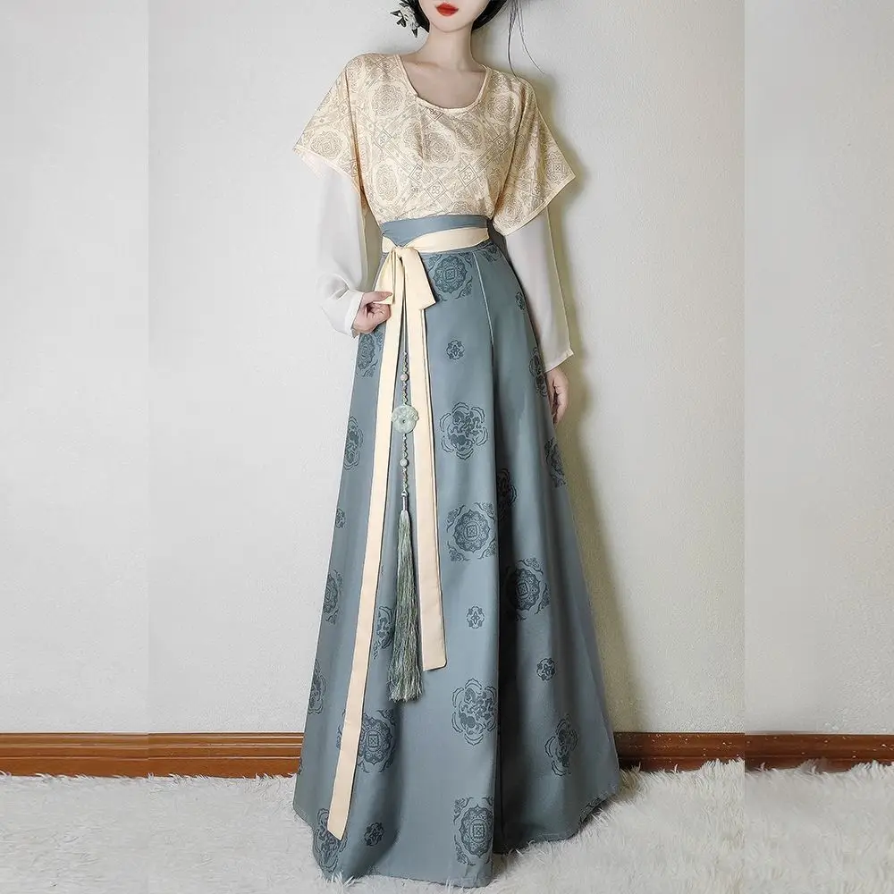 

Новый комплект Hanfu династии Тан - Beizi с круглым воротником с принтом + восьмикомпонентная юбка с высокой талией, костюм для взрослых женщин в китайском стиле
