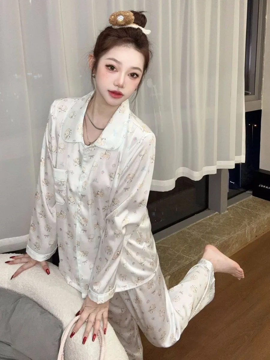 Sweet Princess Wind Ice Silk Long-sleeved Pajamas Cute Cartoon Puppy Spring and Summer New Outer Loungewear Suit
