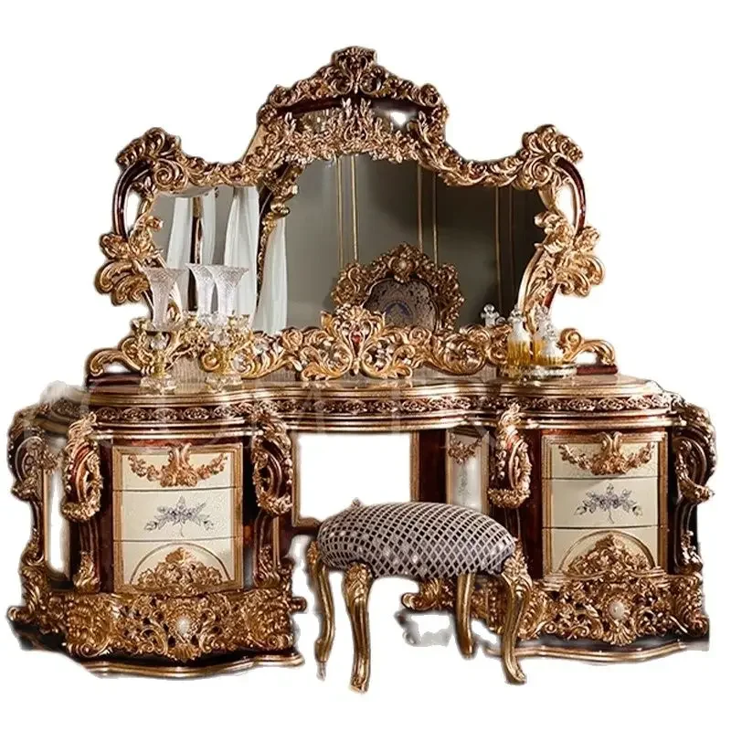 European style solid wood carving vanity French court golden makeup table villa vanity mirror table furniture customization