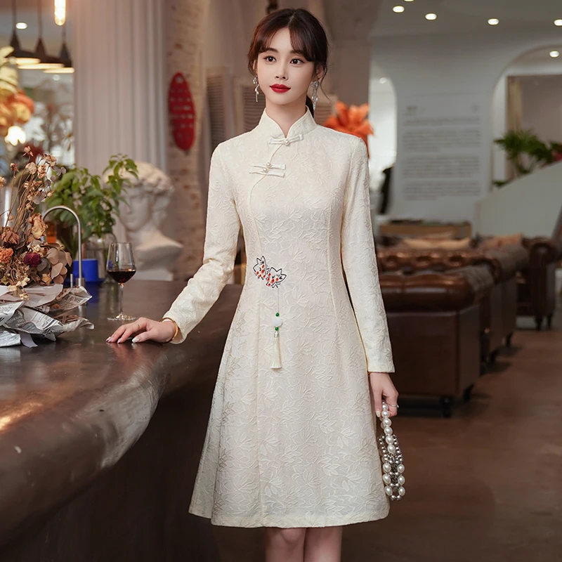 

Retro Long Sleeve Dinner Party Wedding Qipao Dress for Women Clothing CNY Red Chinese Traditional Improved Cheongsam