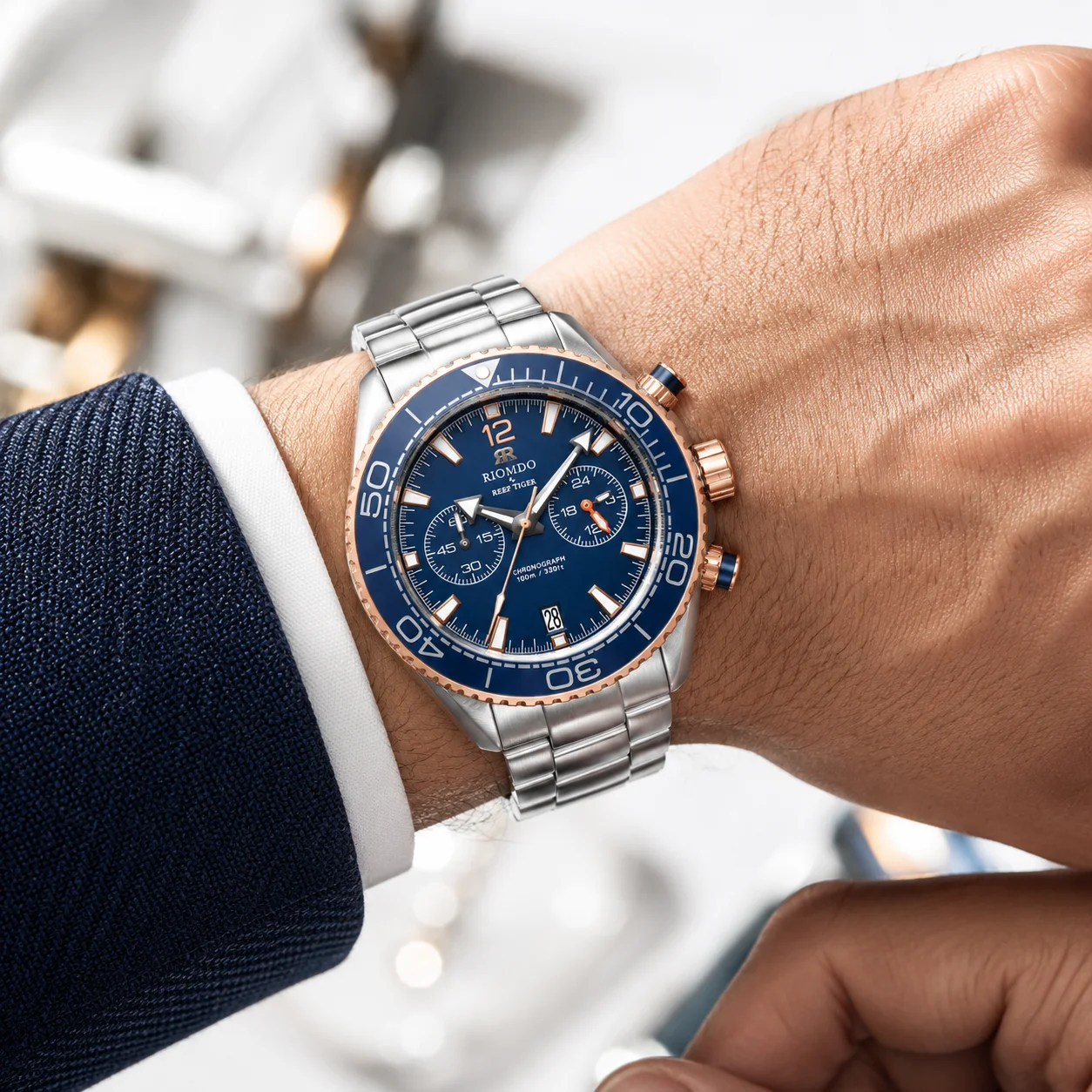 RIOMDO&RF Men's Ocean Chronograph Watch 24-Hour Waterproof Quartz Movement Steel Bracelet Fashion Business Date RD-564
