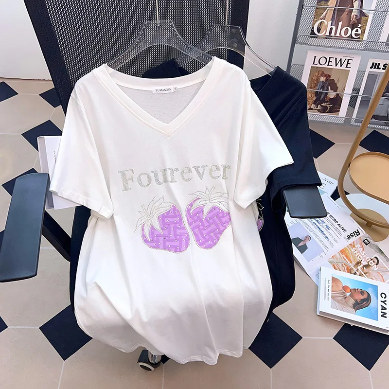 

2023 New Big Size V-neck Show Slim Loose Medium Length Short Sleeve T-shirt for Women 100/200/175kg Female Summer Loose Tops