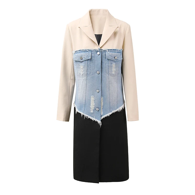 

Women Beige Denim Color-block Long Elegant Blazer New Lapel Long Sleeve Jacket Fashion Tide Spring Autumn 2024 CPDB132