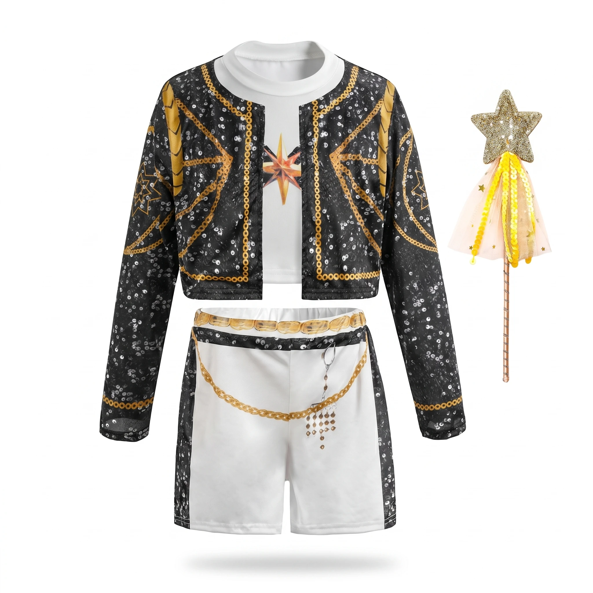 4-teiliges Bühnenkostüm-Set für Mädchen, Star-All-Over-Print-Jacke, Crop-Top, Shorts, Kinder-Tanzparty-Outfit mit Zauberstab