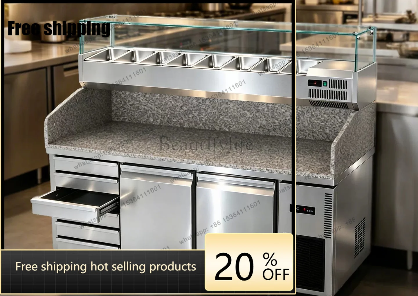 Factory Direct HOT Marble Pizza Sprinkling Console Air-cooled Fresh-keeping Dessert Workbench