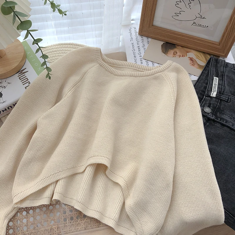 Women\'s Sweater Irregular O-neck Solid Color Long Sleeve Knitted Blouse Spring Autumn Korean Retro Slim Short Pullover Tops