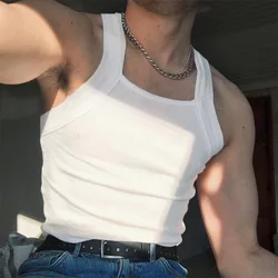 Tank Top Men Summer New Fashion Sleeveless Square Neck Spliced Solid Color Ropa Para Hombre Gym Clothing Men