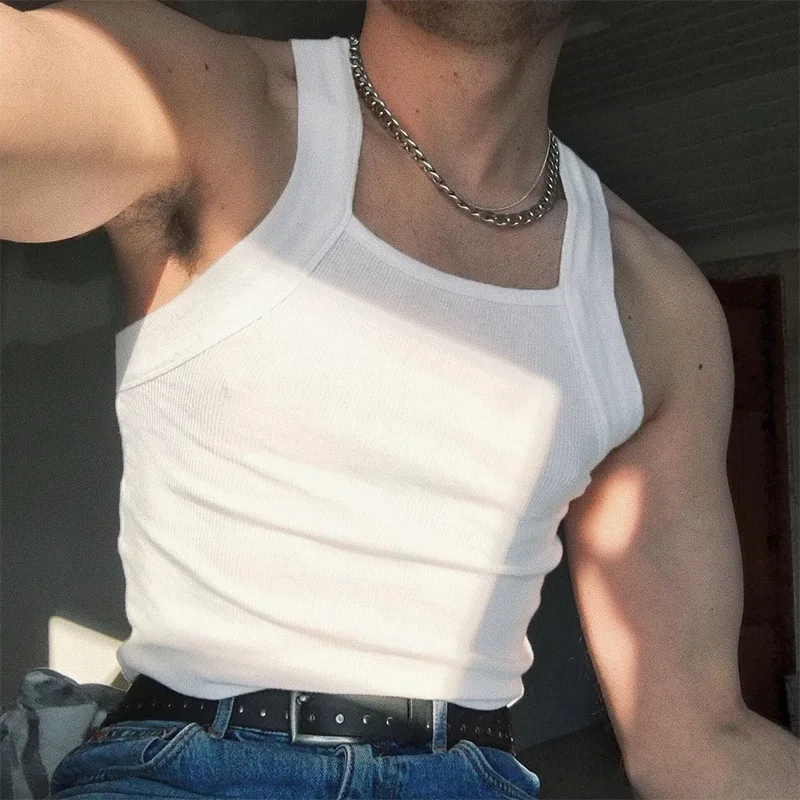 Tank Top Men Summer New Fashion Sleeveless Square Neck Spliced Solid Color Ropa Para Hombre Gym Clothing Men