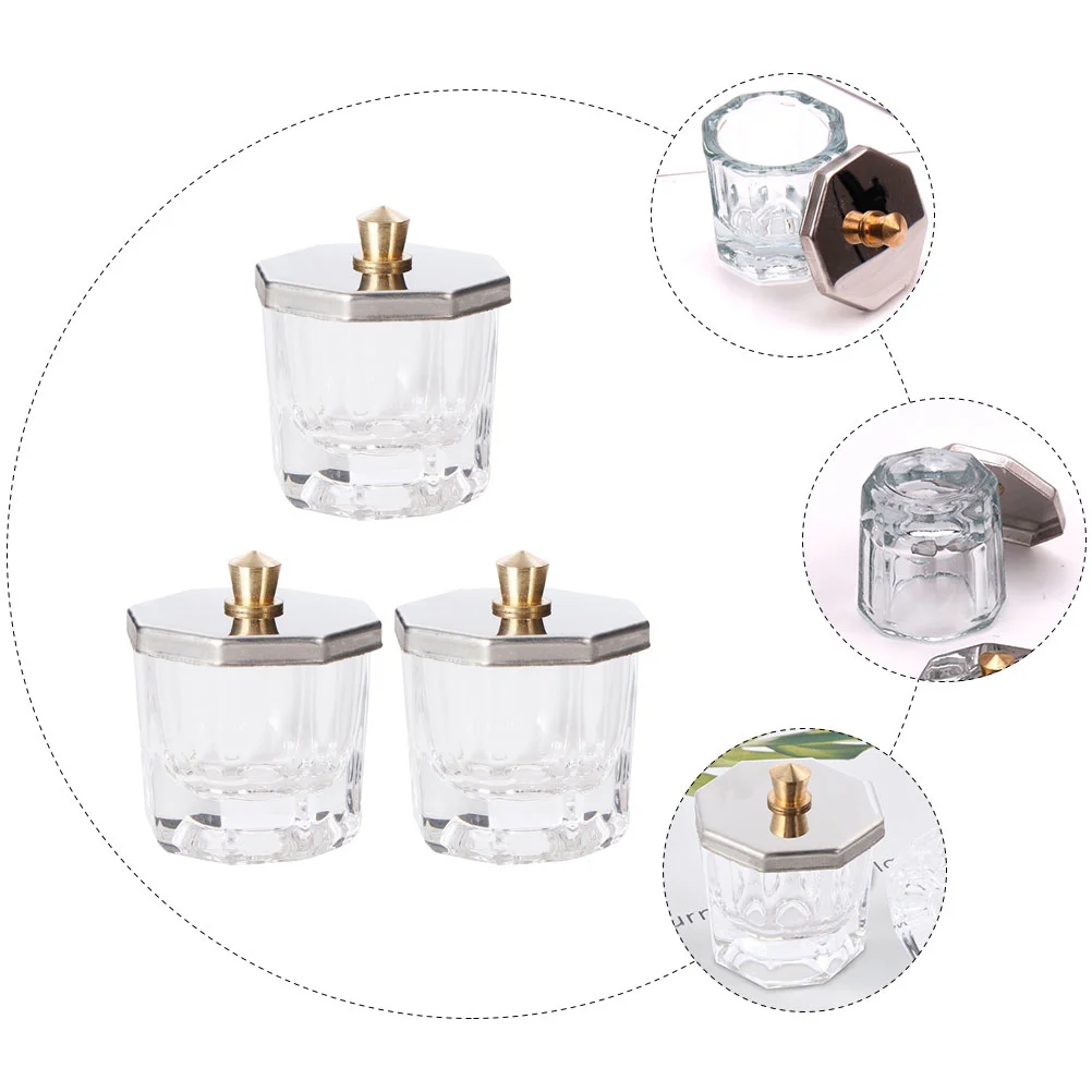 3 Pcs Nail Octagonal Cup Manicure Powder Bowl Dish Liquid with Cover Stainless Steel Acrylic Glass