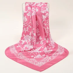 90CM Stain Silk Square Scarf Pink Floral Handkerchief Hijab Head Wrap For Women Soft Bandana Female Foulard Headscarf 90*90cm