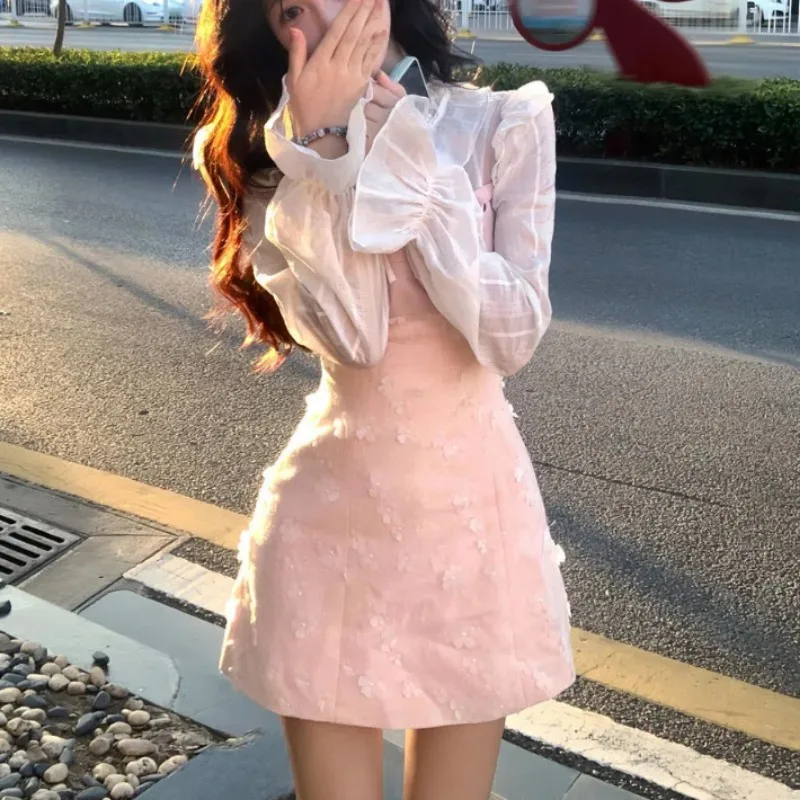 Autumn Winter Japan Fashion Sweet Pink Two Piece Sets White Lace Tops + Slim Cute Dress New Chic Japanese Party Suit Women 2024