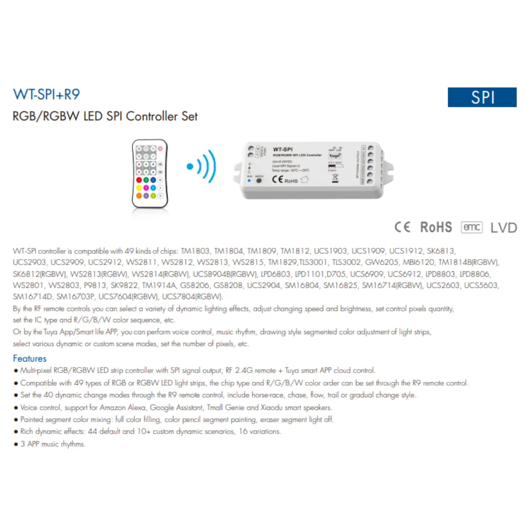 5V-24V Skydance Music WiFi + 2.4G RF RGB/RGBW Pixel IC SPI LED Controller Tuya WT-SPI R9 Remote for WS2812 Ws2811 LED Strip Module