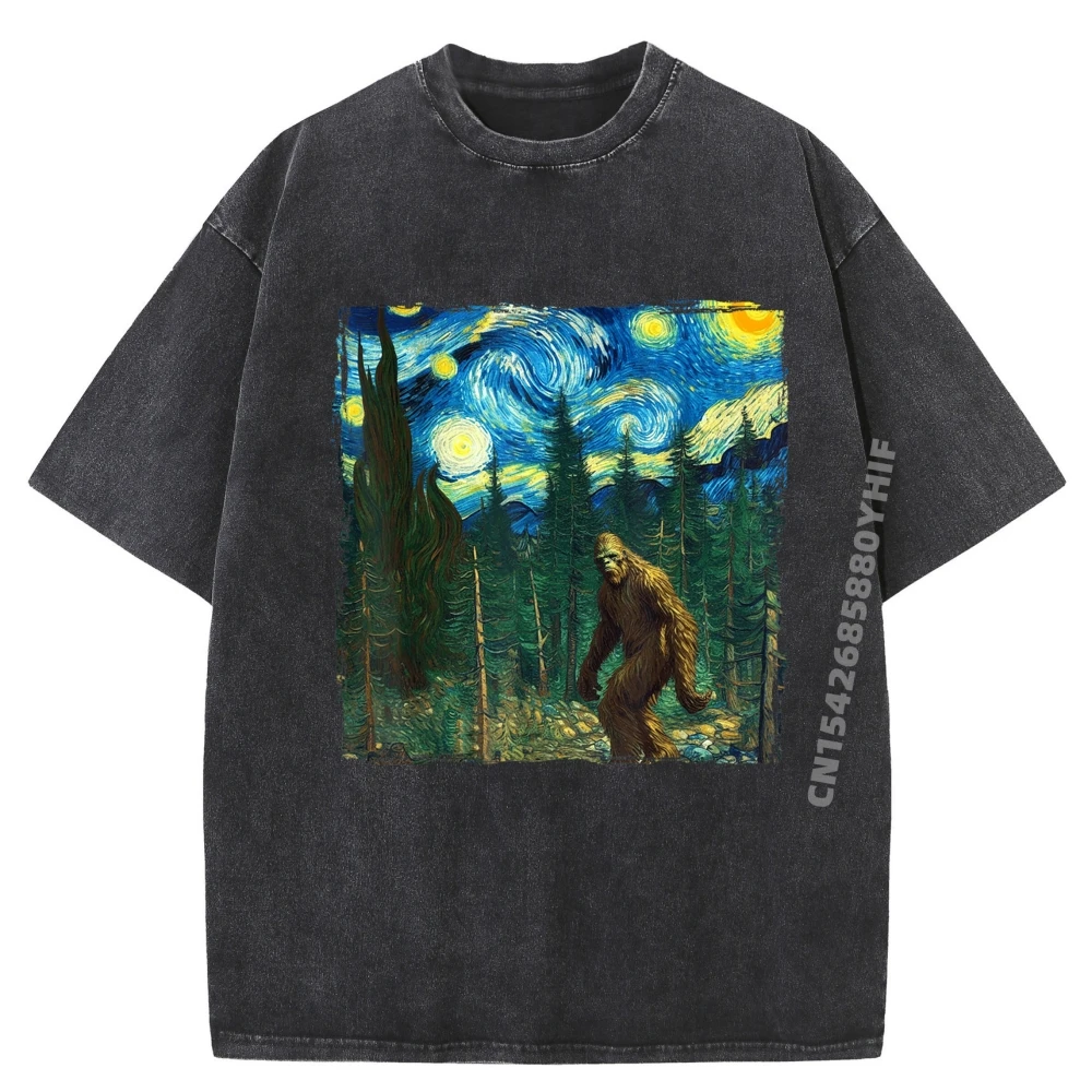 

Loose Mens Tees Bigfoot Starry Night Van Gogh T-shirts For Men Retro Washed T Shirt Leisure Graphic Streetwear Clothes Man