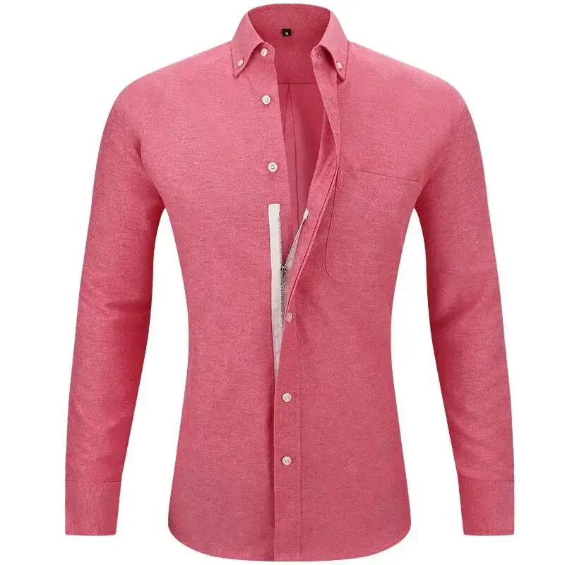 Camisa Oxford elástica con cremallera para hombre, camisa de negocios de manga larga con diseño de botones falsos, ajustada e informal, color sólido, talla grande 7XL, 6XL