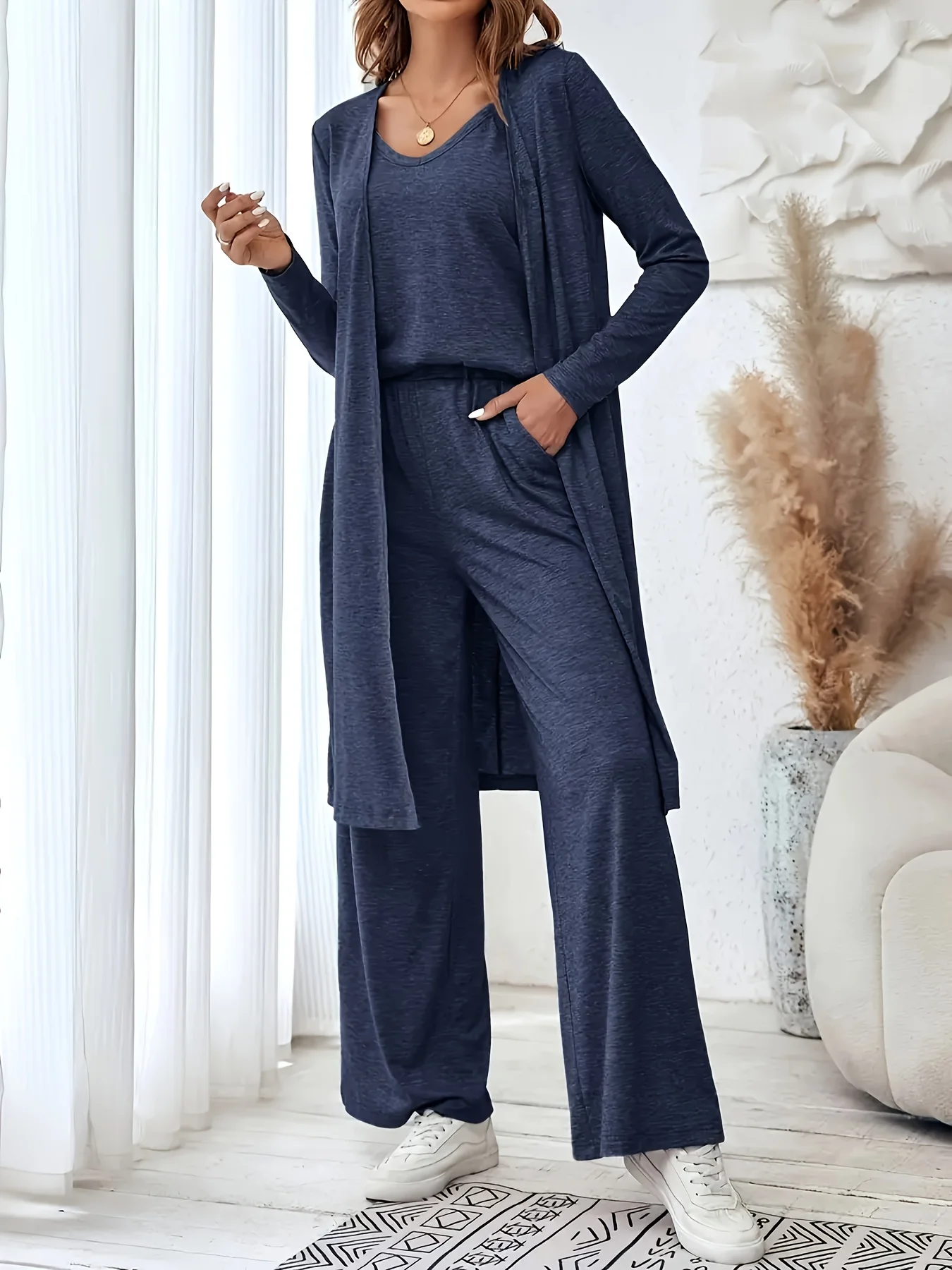 

Plus size high-end temperament fashion top wide-leg pants three-piece suit lazy style sport casual suit.