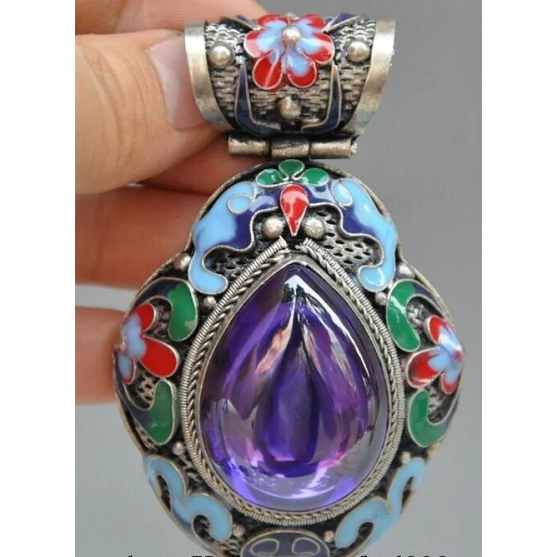 

Chinese Tibetan Silver Cloisonne Inlay Sapphire Blue Gem Flower Pendant Jewelry